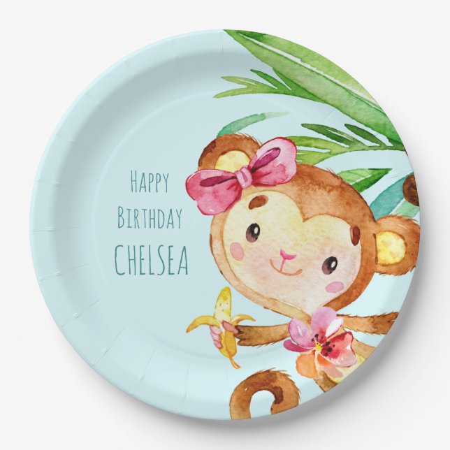 Blue Cute Monkey Personalized Happy Birthday Paper Plate (Front)