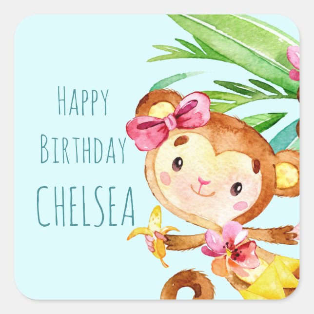 Blue Cute Monkey Personalized Happy Birthday Square Sticker (Front)