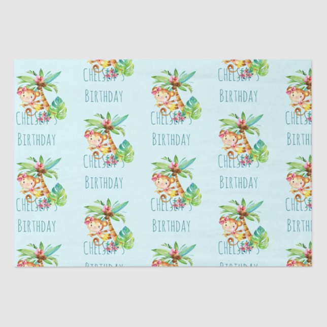 Blue Cute Monkey Personalized Happy Birthday Tissue Paper (Front)