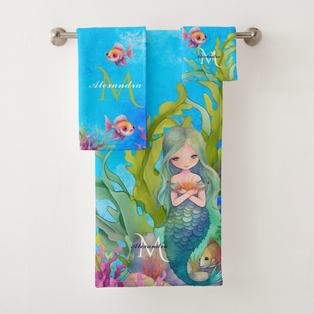 Blue Cute Monogram Name Mermaid Bath Towel Set (Insitu)