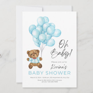 BLUE CUTE OH BABY TEDDY BEAR AND BALLOONS INVITATION