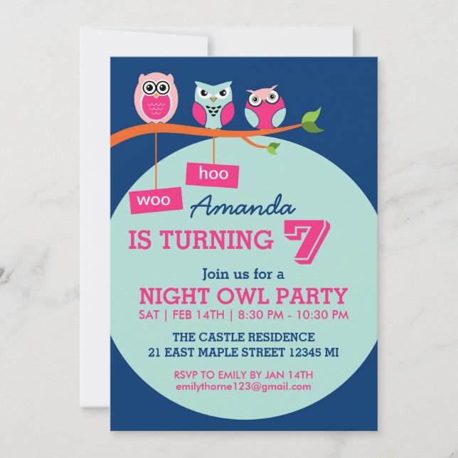Blue Cute Owl Pois Invitation d'anniversaire (Devant)