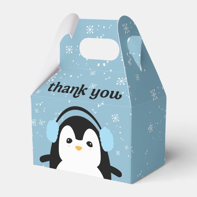 Blue Cute Penguin Winter Baby Shower Thank you Favor Box (Front Side)