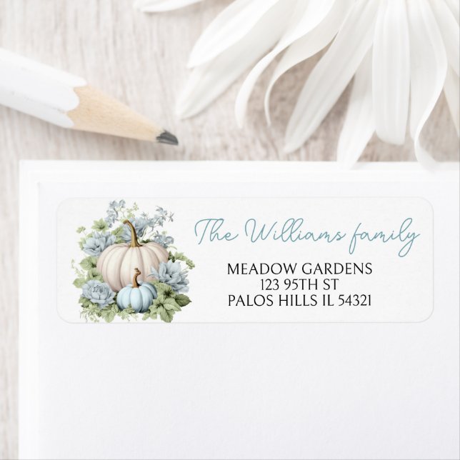 Blue cute pumpkin baby boy shower return address (Insitu)