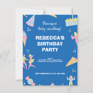 Blue cute & quirky ice cream pizza birthday party invitation