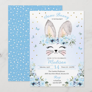 Blue Cute Rabbit Ears Floral Easter Birthday Invitation
