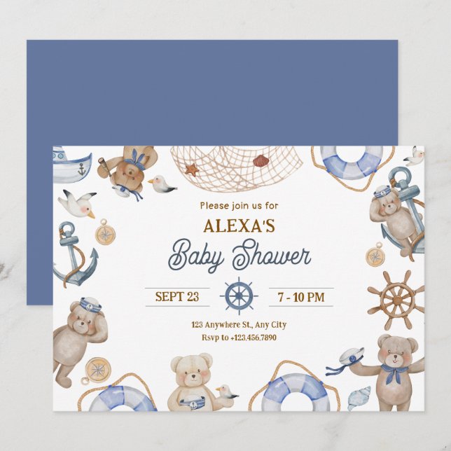 Blue Cute sailor baby shower Invitation (Front/Back)