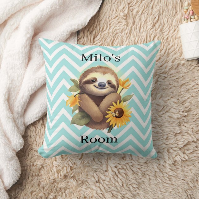 Blue Cute Sloth With Sunflowers Personalized  Throw Pillow (Blanket)