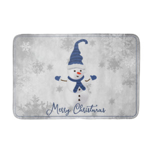 Blue Cute Snowman Holiday Bath Mat