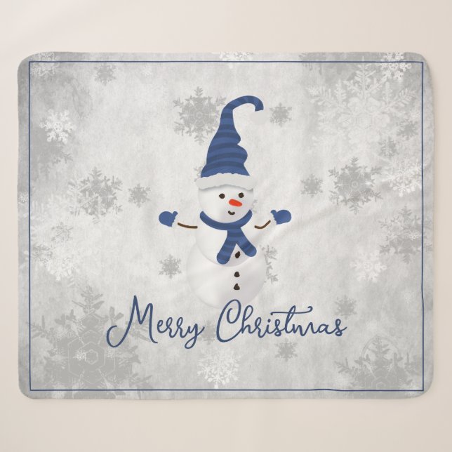 Blue Cute Snowman Holiday Sherpa Blanket (Front (Horizontal))