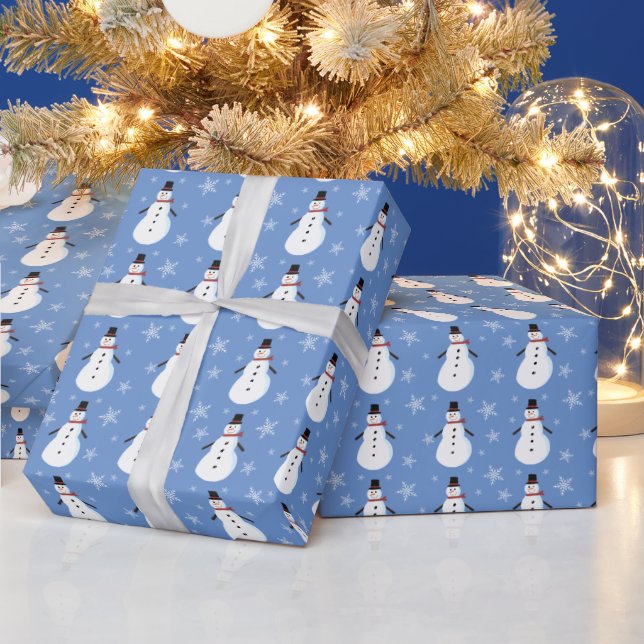 Blue Cute Snowman Snowflake Christmas Wrapping Paper (Holidays)