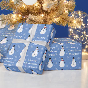 Blue Cute Snowman Snowflake Merry Christmas Name Wrapping Paper
