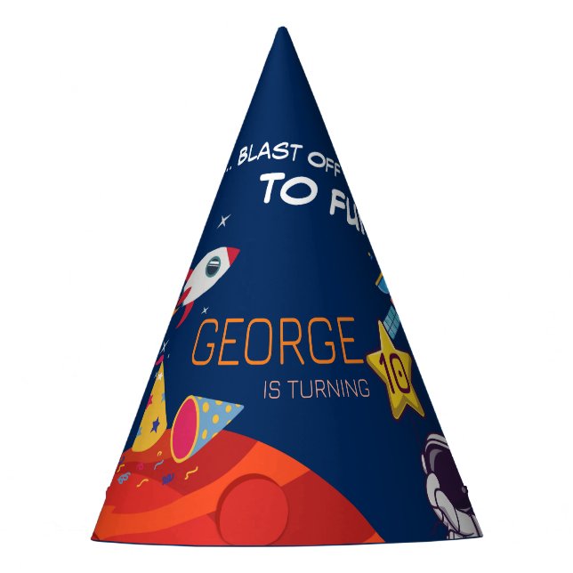 Blue Cute Space Rocket Astronaut Kids Birthday Party Hat (Front)