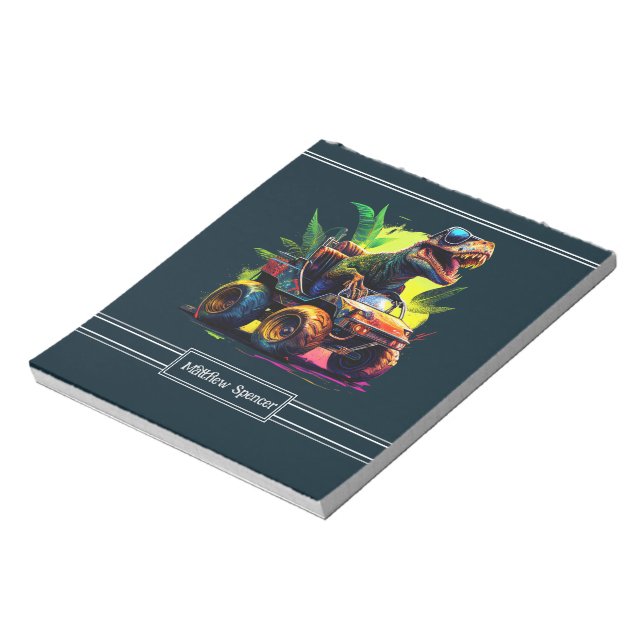 Blue Cute T-Rex Riding Monster Truck Dinosaur Name Notepad (Rotated)