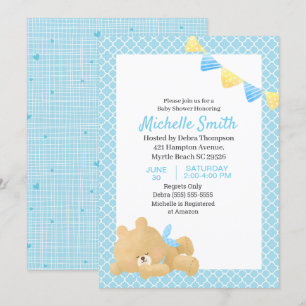 Blue Cute Teddy Bear Boy Baby Shower       Invitation