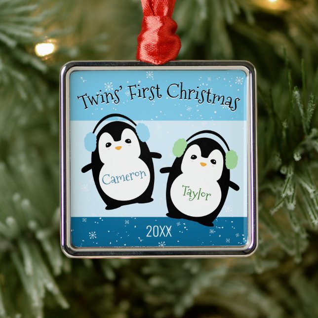 Blue Cute Twins' First Christmas Penguins Metal Ornament (Tree)
