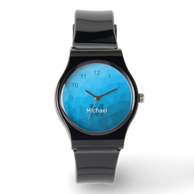 Blue cyan geometric mesh pattern Monogram Watch (Front)