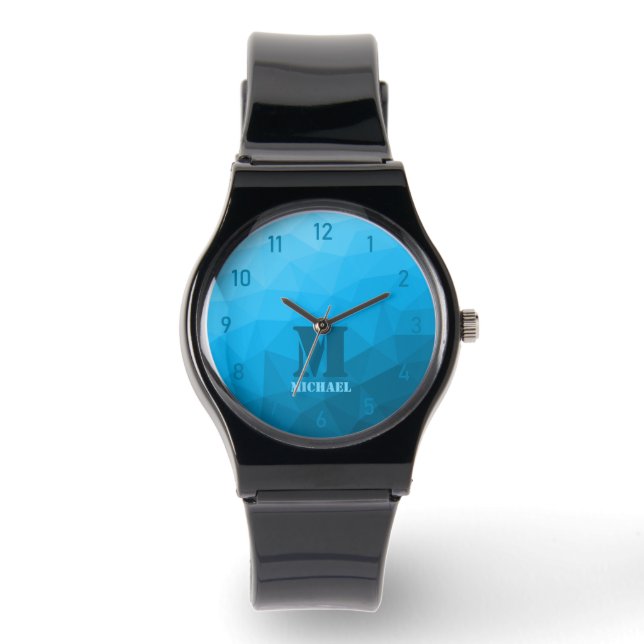 Blue cyan geometric mesh pattern Monogram Watch (Front)