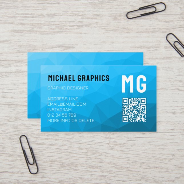 Blue cyan geometric mesh pattern QR code Monogram Business Card (Front/Back In Situ)