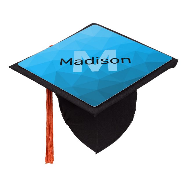 Blue cyan gradient geometric mesh pattern Monogram Graduation Cap Topper (Angled)