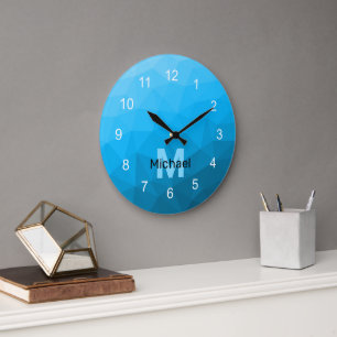 Blue cyan gradient geometric mesh pattern Monogram Large Clock