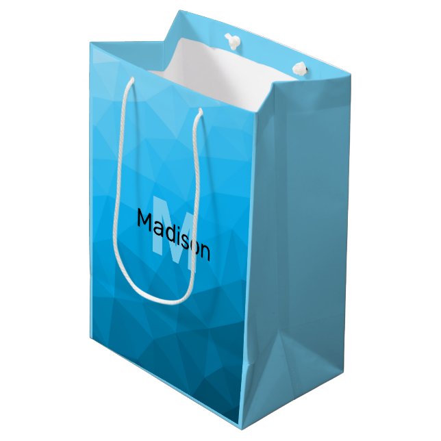 Blue cyan gradient geometric mesh pattern Monogram Medium Gift Bag (Front Angled)