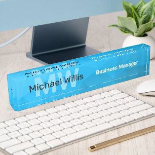 Blue cyan gradient geometric mesh pattern Monogram Nameplate