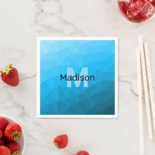 Blue cyan gradient geometric mesh pattern Monogram Napkin (Insitu)