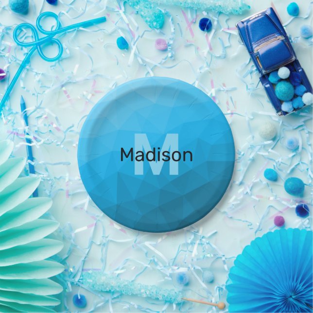 Blue cyan gradient geometric mesh pattern Monogram Paper Plate (Party)