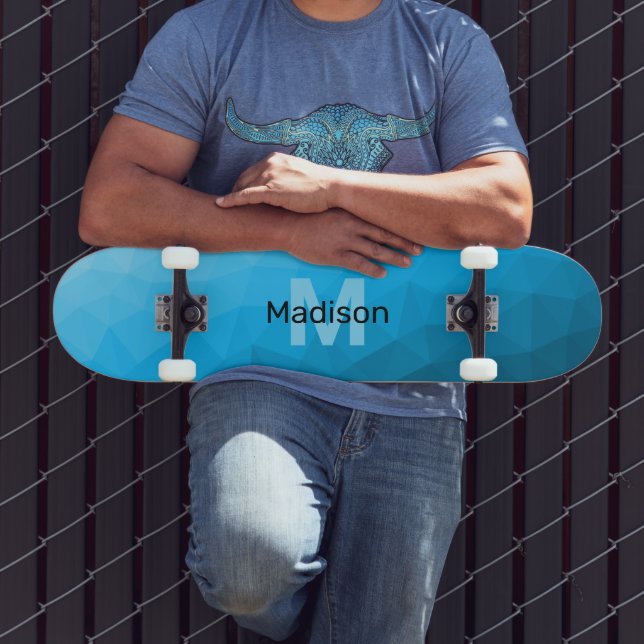 Blue cyan gradient geometric mesh pattern Monogram Skateboard (Outdoor 3)