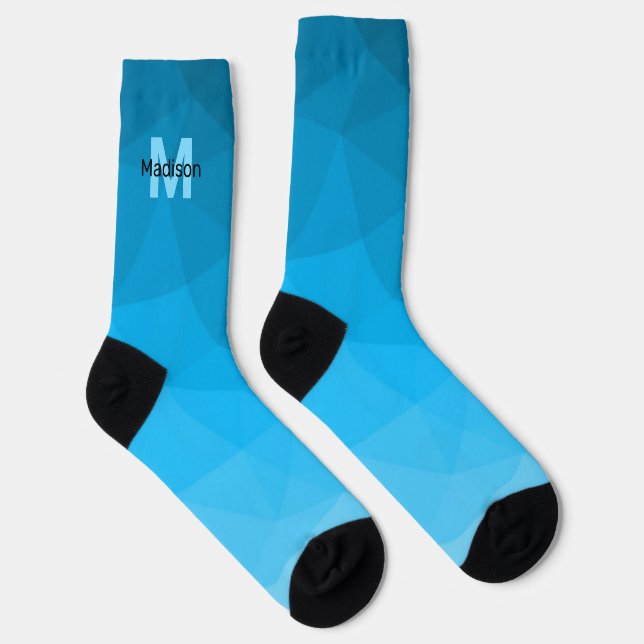 Blue cyan gradient geometric mesh pattern Monogram Socks (Right)