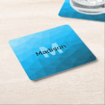 Blue cyan gradient geometric mesh pattern Monogram Square Paper Coaster<br><div class="desc">Monogram Personalize with your custom initial and name. 
Triangle geometric mesh with light dark blue ombre gradient. 
pattern,  ombre,  mesh,  triangles,  geometry,  geometric,  gradient,  cool,  triangle,  bright,  blue,  cyan</div>