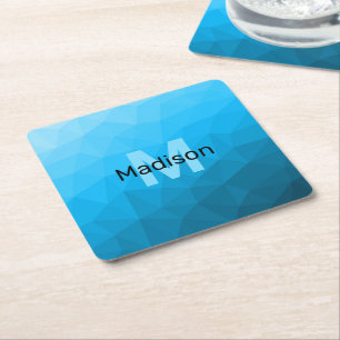 Blue cyan gradient geometric mesh pattern Monogram Square Paper Coaster