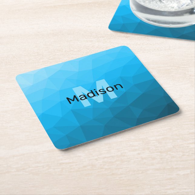 Blue cyan gradient geometric mesh pattern Monogram Square Paper Coaster (Angled)