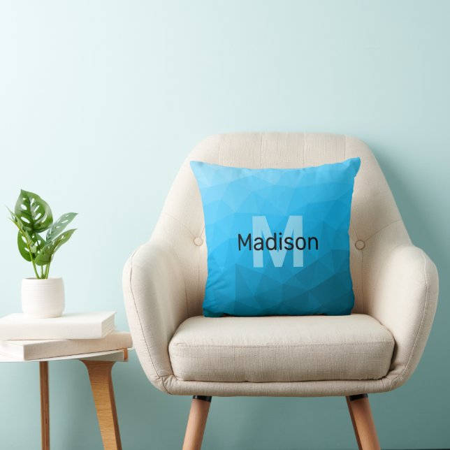Blue cyan gradient geometric mesh pattern Monogram Throw Pillow (Chair)