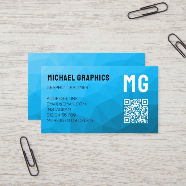 Blue cyan gradient geometric mesh pattern QR code Business Card (Front/Back In Situ)