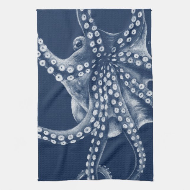 Blue Cyan Octopus Art Kitchen Towel (Vertical)