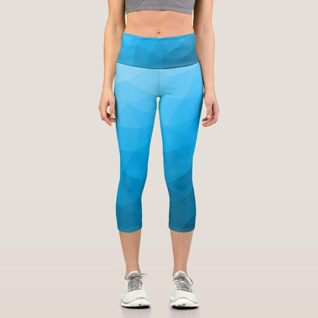 Blue cyan turquoise geometric mesh pattern capri leggings (Front)