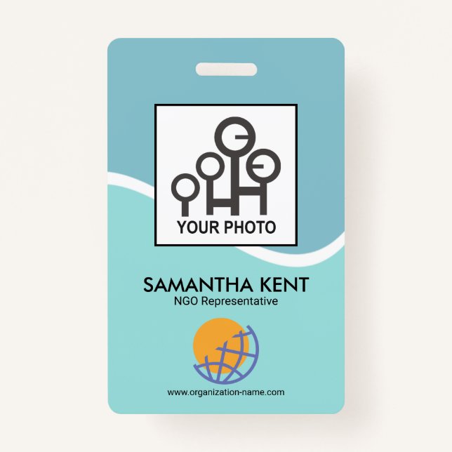 Blue Cyan Waves Photo Template Staff ID Badge (Front)