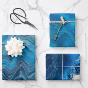 Blue Cyan White Marble Acrylic Abstraction  Wrapping Paper Sheet