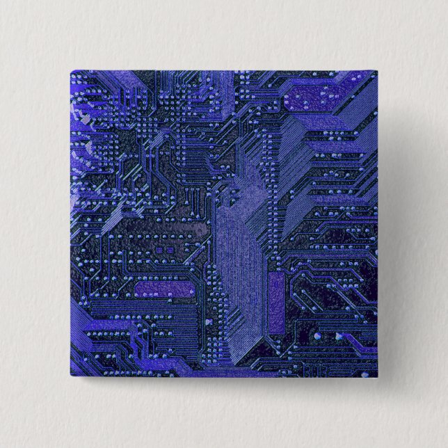 Blue Cyber Circuit Board Tech Art Electronics 2 Inch Square Button (Front)