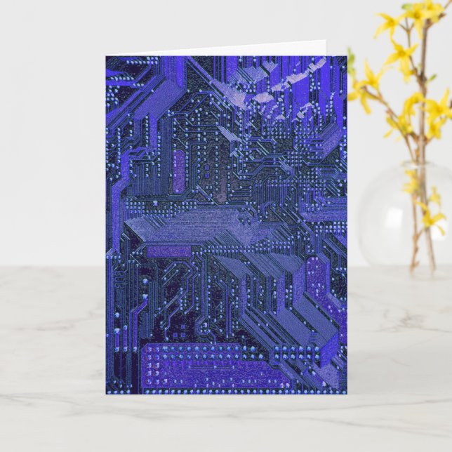 Blue Cyber Circuit Board Tech Art Electronics Card (Yellow Flower)