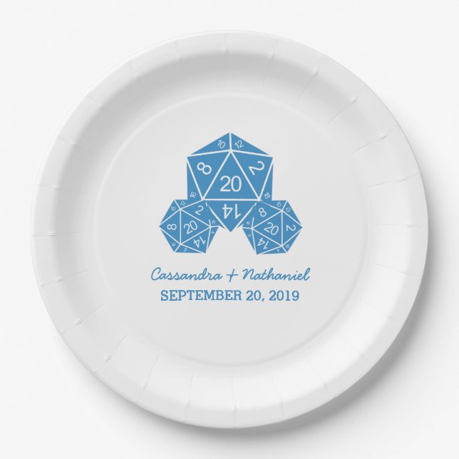 Blue D20 Dice Wedding Paper Plates (Front)