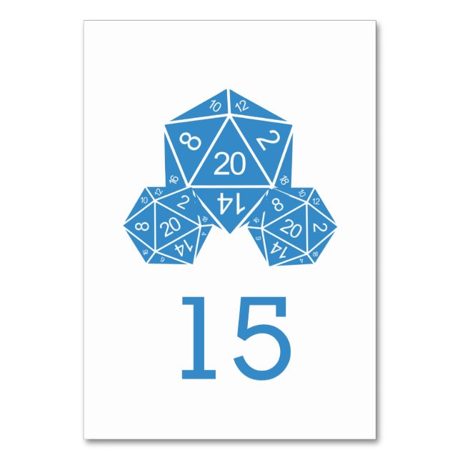 Blue D20 Dice Wedding Table Card (Front)