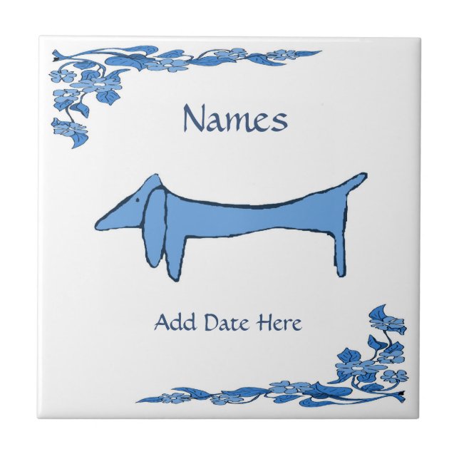 Blue Dachshund  Tile, Dutch Look, Personalize Tile (Front)