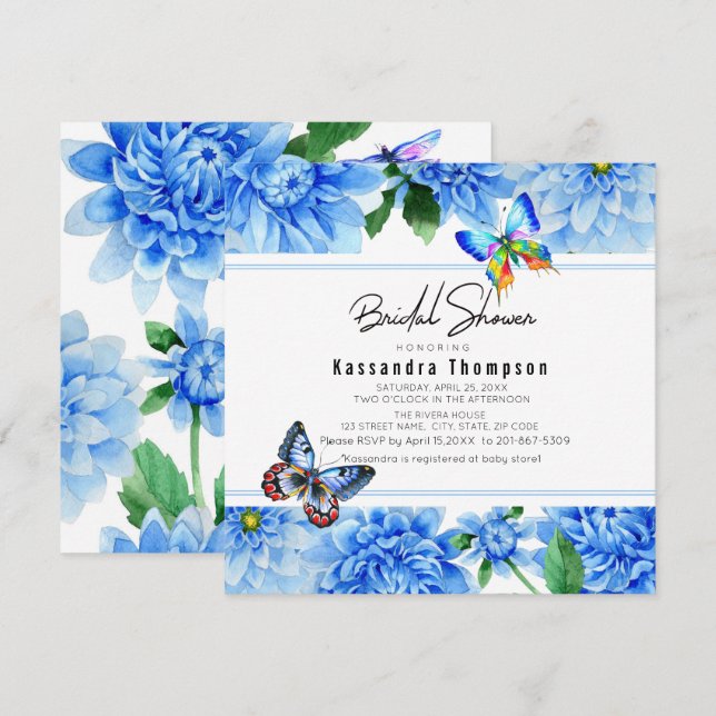 Blue Dahlia Floral Bridal Shower Invitation (Front/Back)