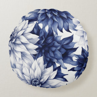 Blue Dahlia Floral Pattern 1 Round Pillow