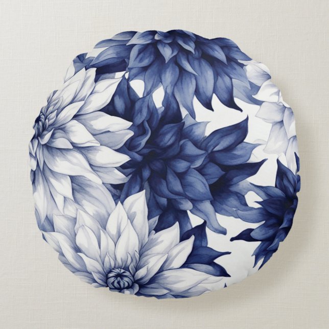 Blue Dahlia Floral Pattern 1 Round Pillow (Front)