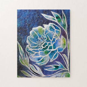 Blue Dahlia Handmade Navy Teal Floral Watercolor Jigsaw Puzzle