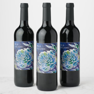 Blue Dahlia Handmade Navy Teal Floral Watercolor Wine Label